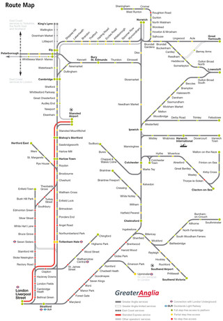 Mapa da rede de trens urbano e metropolitano Abellio Greater Anglia